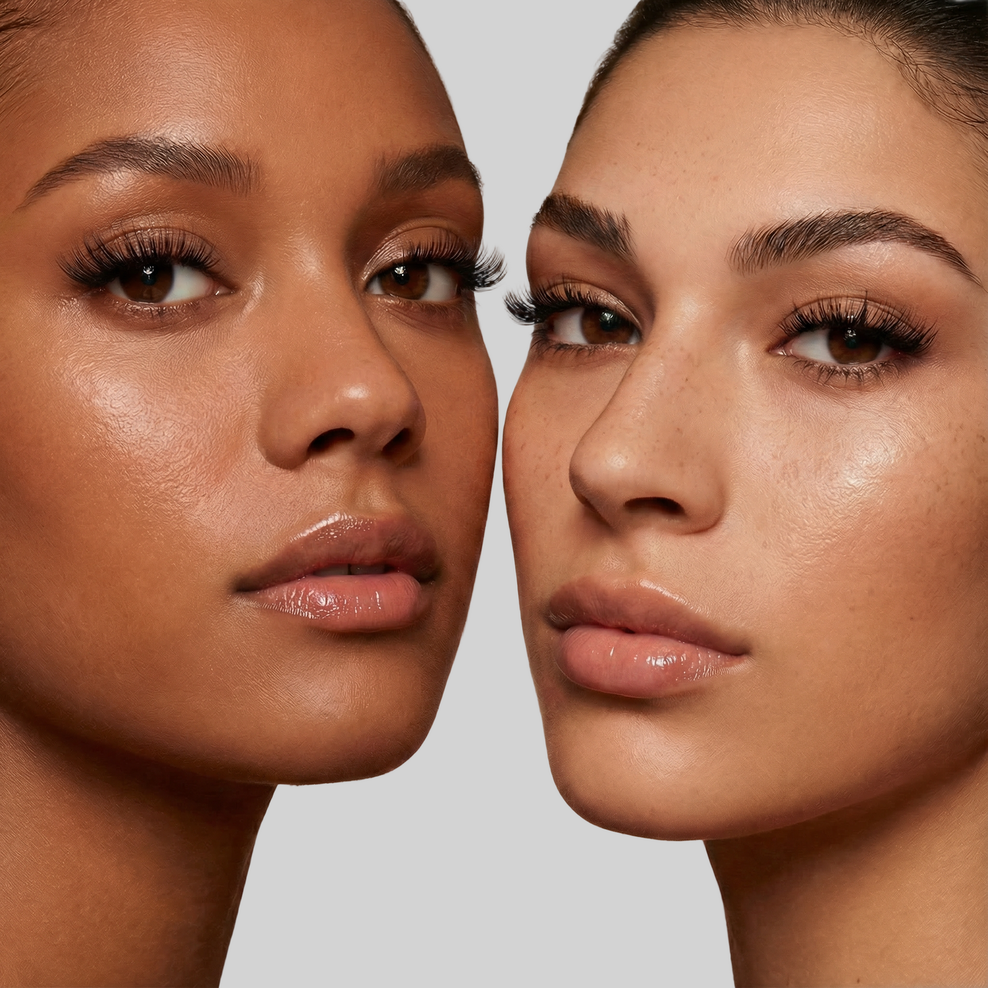 Close-up of two women's faces with a neutral background